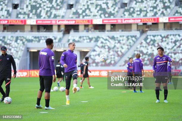 Of Sanfrecce Hiroshima warms up during the official practice and press conference ahead of J.LEAGUE YBC Levain Cup final between Cerezo Osaka and...