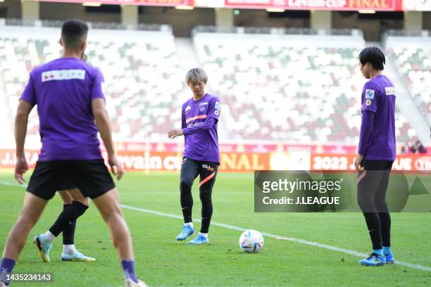 Tsukasa MORISHIMA of Sanfrecce Hiroshima warms up during the official practice and press conference ahead of J.LEAGUE YBC Levain Cup final between...