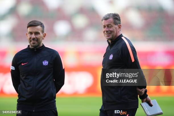Head coach MICHAEL SKIBBE of Sanfrecce Hiroshima and Coach Serhat Umar are seen during the official practice and press conference ahead of J.LEAGUE...