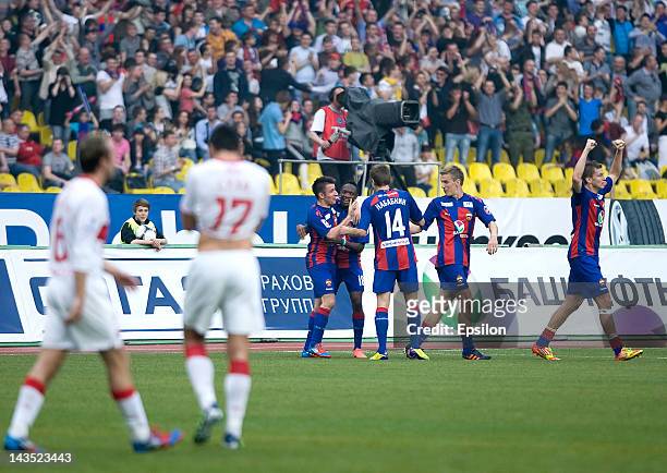 Players of PFC CSKA Moscow celebrate after scoring a goal during the Russian Football League Championship match between PFC CSKA Moscow and FC...