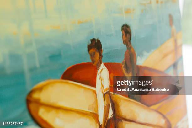 painting of three surfers with yellow and surfboards, standing by the ocean - surfboard stock illustrations stock pictures, royalty-free photos & images