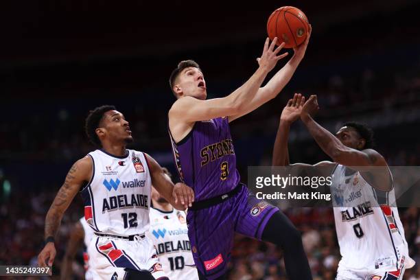 Dejan Vasiljevic of the Kings drives to the basket during the round four NBL match between Sydney Kings and Adelaide 36ers at Qudos Bank Arena, on...