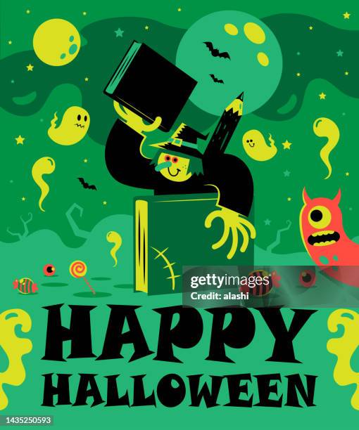 bildbanksillustrationer, clip art samt tecknat material och ikoner med the spooky witch with a pencil and books stands on the hill and says it’s halloween time, write your own scary  halloween story or create halloween comics - building storey
