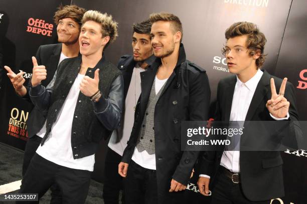 One Direction band members Louis Tomlinson, Zayn Malik, Niall Horan, Liam Payne and Harry Styles attend the "One Direction: This Is Us" New York...