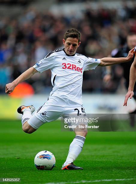 Swansea player Joe Allen scores the second goal during the Barclays Premier league match between Swansea City and Wolverhampton Wanderers at Liberty...