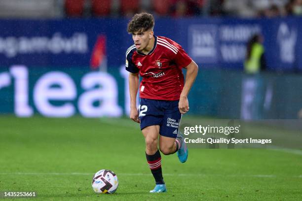 Ez Abde of CA Osasuna in action during the LaLiga Santander match between CA Osasuna and RCD Espanyol at El Sadar Stadium on October 20, 2022 in...