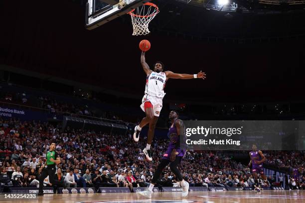 Antonius Cleveland of the 36ers slam dunks during the round four NBL match between Sydney Kings and Adelaide 36ers at Qudos Bank Arena, on October 21...