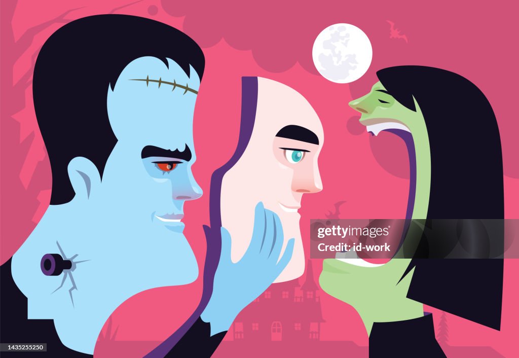 Frankenstein con in mano la maschera facciale e incontra una donna zombie