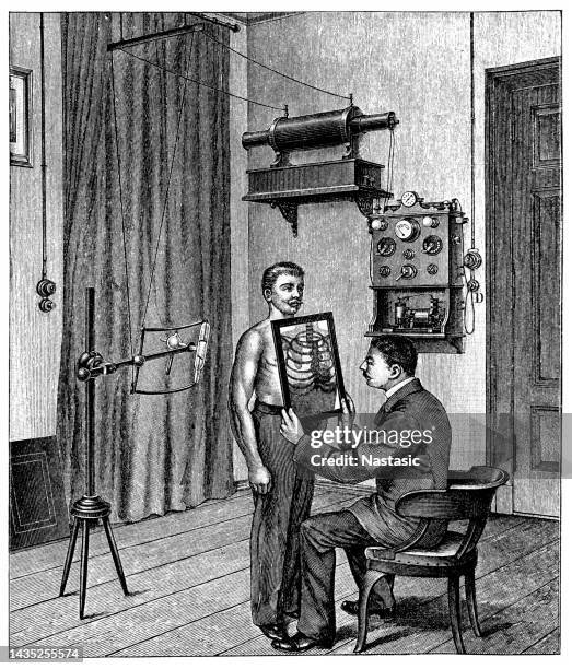 doctor analyzing an x-ray - vintage illustration - patient history stock illustrations