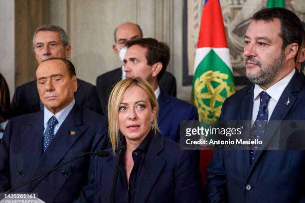 Silvio Berlusconi, Giorgia Meloni , Matteo Salvini and other members of right-wing coalition speak to the media after the meeting with Italian...