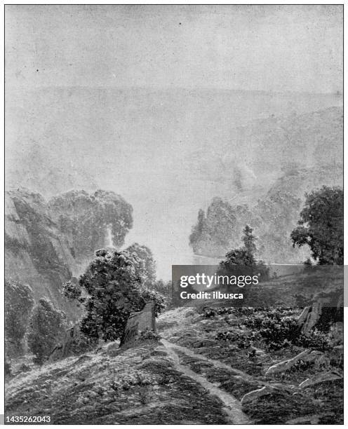 antique image: painting, "le matin, vallée de la creuse", by didier pouget - french landscape stock illustrations