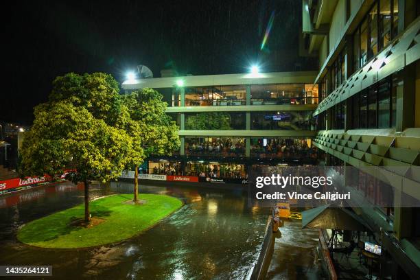 General view during the rain dela during Manikato Stakes Night at Moonee Valley Racecourse on October 21, 2022 in Melbourne, Australia.