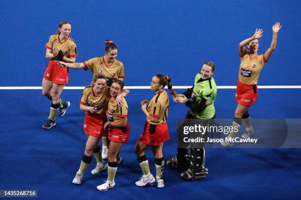 Pride celebrate victory during the round four Hockey One League Women's match between NSW Pride and Perth Thundersticks at Sydney Olympic Park Hockey...