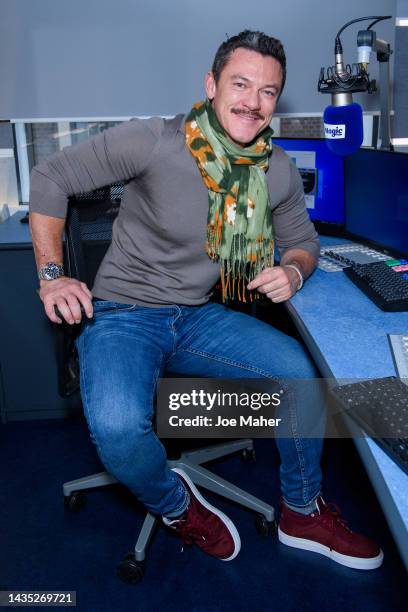 Luke Evans visits Bauer Media at 1 Golden Square on October 21, 2022 in London, England.