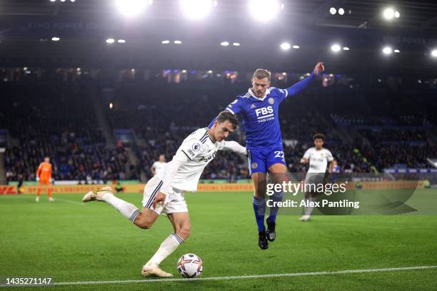 Kiernan Dewsbury-Hall of Leicester City closes down Diego Llorente of Leeds United during the Premier League match between Leicester City and Leeds...