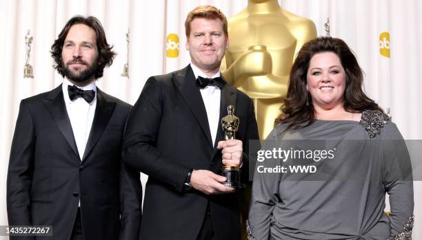 Paul Rudd, John Kahrs and Melissa McCarthy in the press room at the 85th annual Academy Awards at Loews Hollywood Hotel.