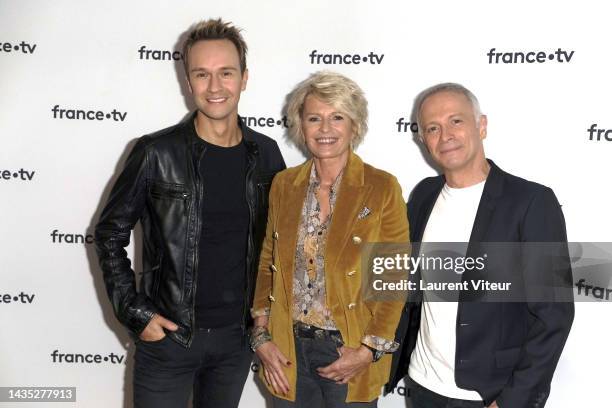 Cyril Feraud, Sophie Davant and Samuel Etienne attend the Telethon press conference at France Television on October 21, 2022 in Paris, France.