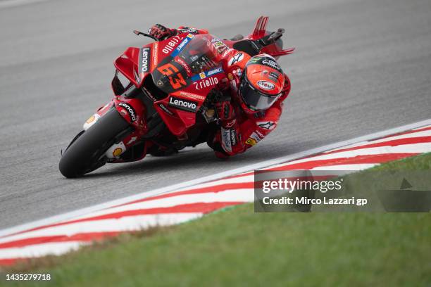 Francesco Bagnaia of Italy and Ducati Lenovo Team rounds the bend during the MotoGP of Malaysia - Free Practice at Sepang Circuit on October 21, 2022...