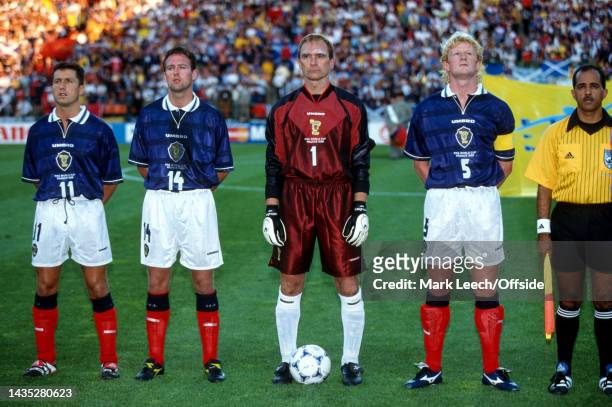 June 1998, Saint-Etienne - FIFA World Cup - Scotland v Morocco - John Collins, Paul Lambert, goalkeeper Jim Leighton and captain Colin Hendry.