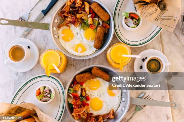 cuban breakfast served in a restaurant, high angle view - skillet stock pictures, royalty-free photos & images