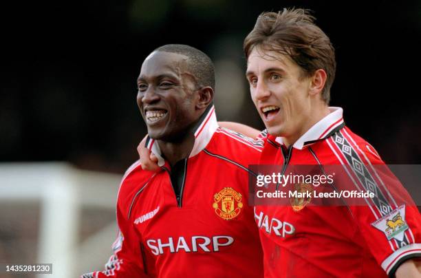 March 2000, Leicester - Carling FA Premiership Football - Leicester City v Manchester United - Dwight Yorke Man Utd celebrates scoring their 2nd goal...