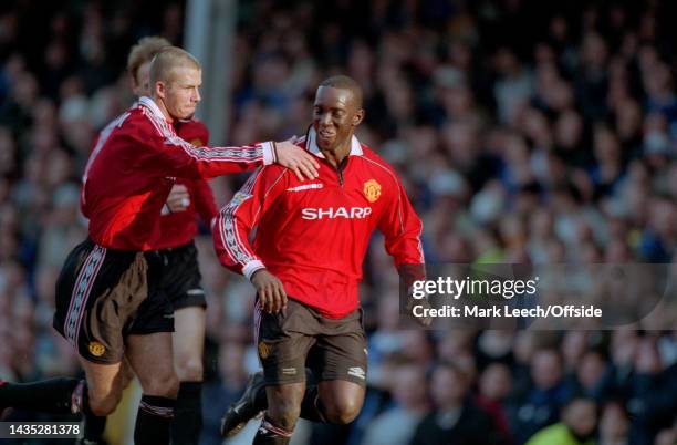 March 2000, Leicester - Carling FA Premiership Football - Leicester City v Manchester United - Dwight Yorke of Man Utd celebrates scoring their 2nd...