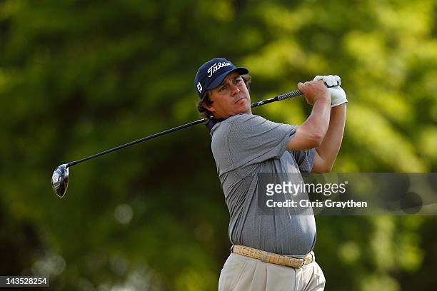 Jason Dufner hits his tee shot on the 15th hole during the third round of the Zurich Classic of New Orleans at TPC Louisiana on April 28, 2012 in...
