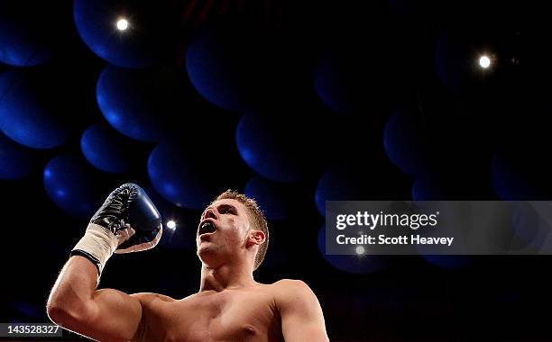 Billy Joe Saunders celebrates his victory over Tony Hill during the Vacant Commonwealth Middleweight Championship at Royal Albert Hall on April 28,...