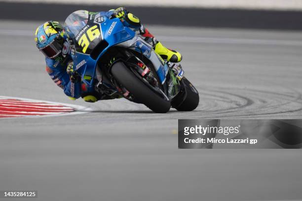 Joan Mir of Spain and Team Suzuki ECSTAR rounds the bend during the MotoGP of Malaysia - Free Practice at Sepang Circuit on October 21, 2022 in Kuala...