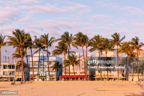 art deco hotels along the ocean drive in the morning, south beach, miami, usa - south beach fotografías e imágenes de stock
