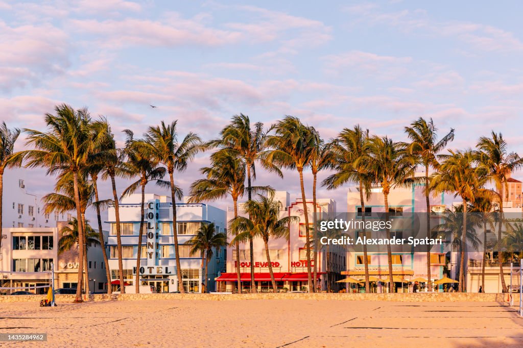 Art Deco hotels along the Ocean Drive in the morning, South Beach, Miami, USA