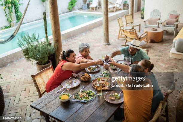 amigos mayores haciendo un brindis y almorzando en el comedor de casa - antipasto fotografías e imágenes de stock