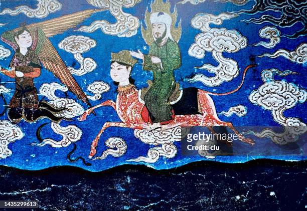 mohammed flies to heaven on a horse with a female human head - muhammad prophet stock illustrations