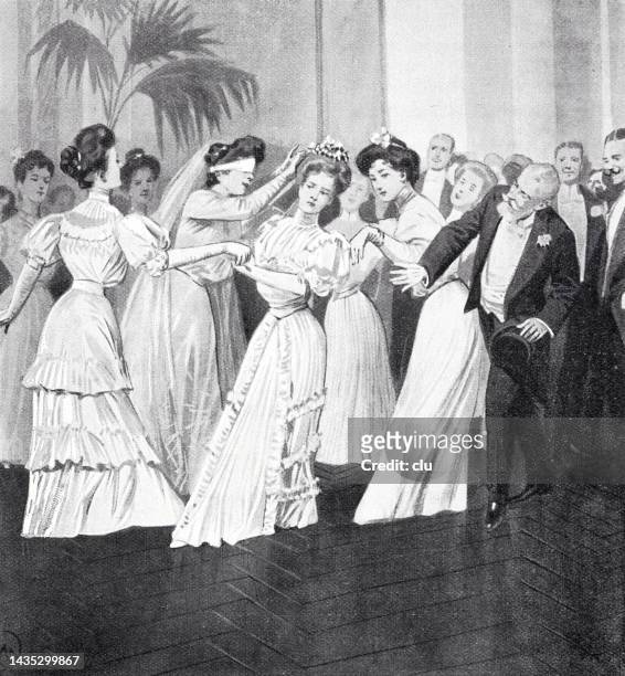 young women playing in a ballroom, one gets the bridal wreath on her hair - the beat the chic party stock illustrations