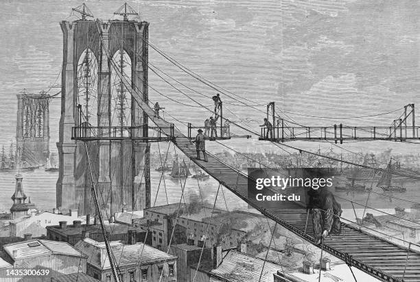 new york city, brooklyn bridge, der fußweg während des baus, 1877 - 1877 stock-grafiken, -clipart, -cartoons und -symbole