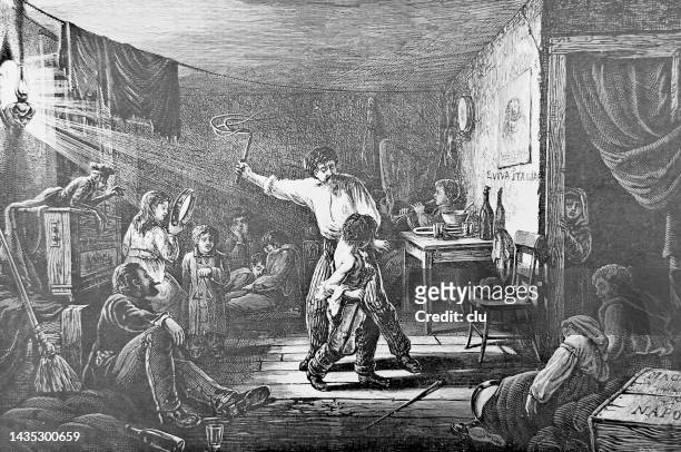 new york city,  education for italian begging boys, here performing as an orchestra  with a monkey - poor performance stock illustrations