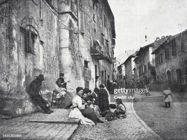 street life in albania, ariccia - city cobblestone stock illustrations