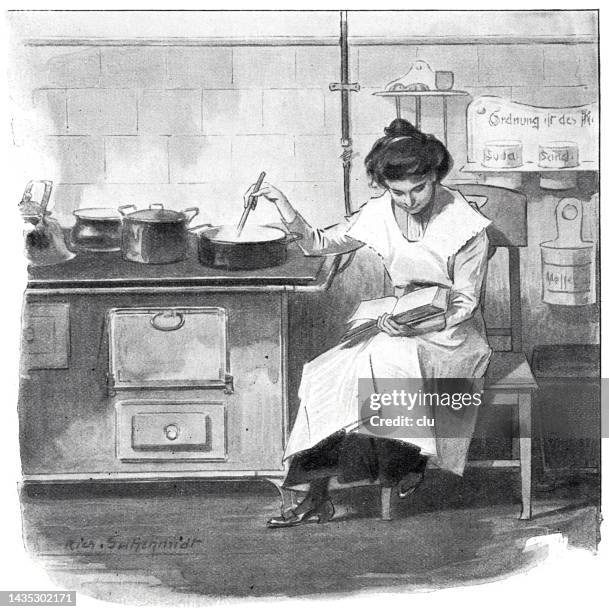 junge frau sitzt am ofen, rührt die suppe auf dem herd und liest einen roman - suppe stock-grafiken, -clipart, -cartoons und -symbole