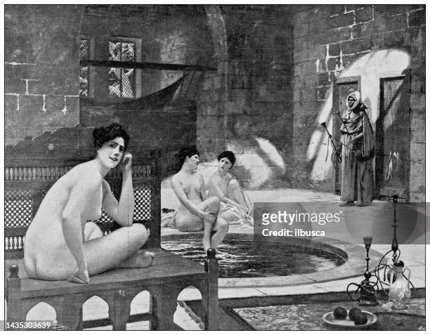 antique image: painting, "women at the bath", by gerome - women swimming pool retro stock illustrations