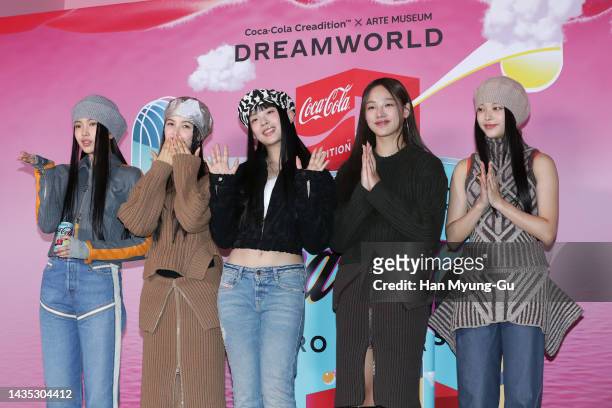 Danielle, Hanni, Hyein, Minji and Haerin of girl group NewJeans attend during the Coca-Cola Creation X ARTE MUSEUM limited edition 'Coca-Cola Zero...
