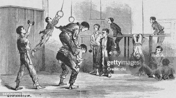 new york city, newsboys lodging-house, gymnasium, 1867 - kids gymnasium drawing stock illustrations
