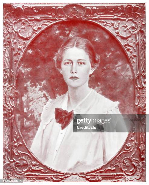 young teenager portrait in oval frame, headshot, self-confident, serious and focused looking front view, wearing a white blouse and bow tie, hair slicked back and parted in the middle - highlights hair stock illustrations