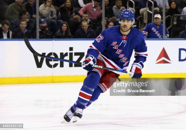 Ryan Carpenter of the New York Rangers skates against the San Jose Sharks at Madison Square Garden on October 20, 2022 in New York City. The Sharks...
