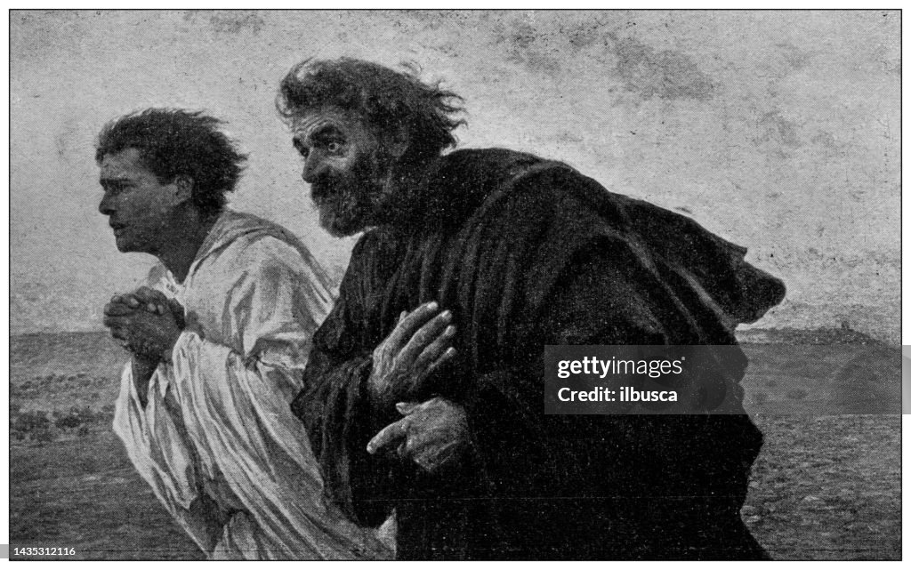 Antique image: Painting, disciples Peter and John running to the sepulchre on the morning of the resurrection of Jesus, by Burnand