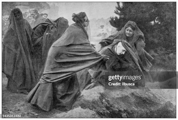 ilustraciones, imágenes clip art, dibujos animados e iconos de stock de imagen antigua: pintura, dolor por friant - funeral