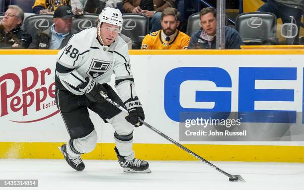 Brendan Lemieux of the Los Angeles Kings skates against the Nashville Predators during an NHL game at Bridgestone Arena on October 18, 2022 in...