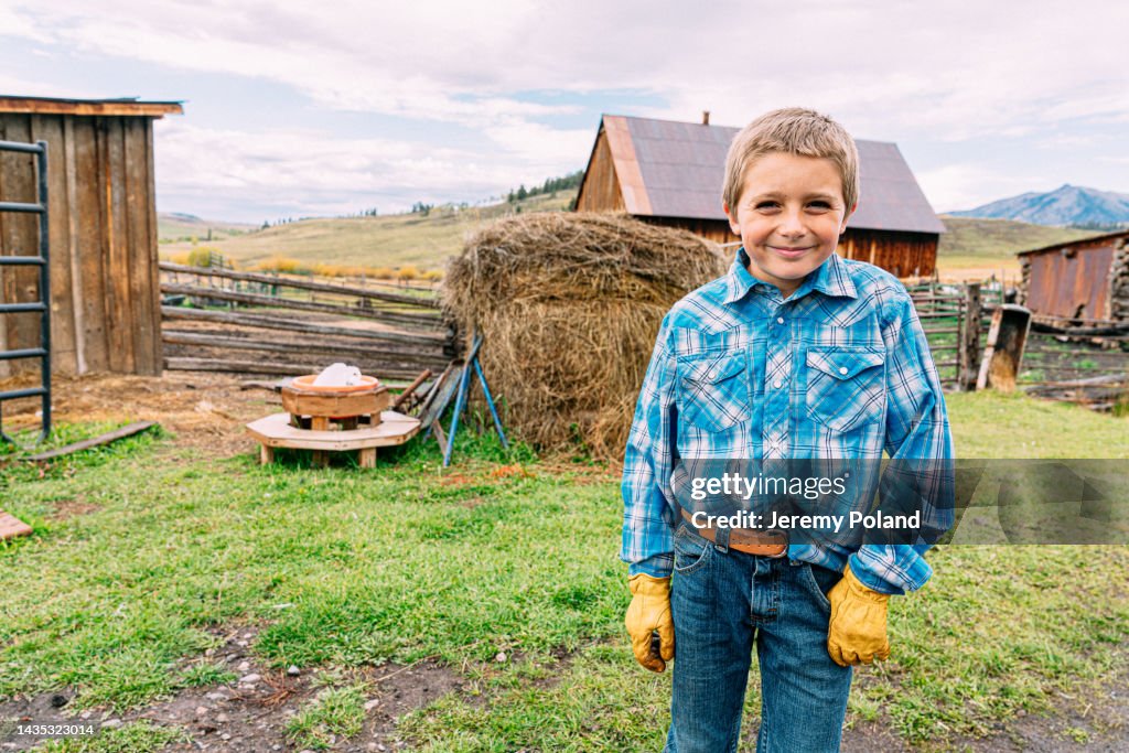 Cute Copy Space Portrait Of A Grinning Cheerful Male Caucasian Rancher ...