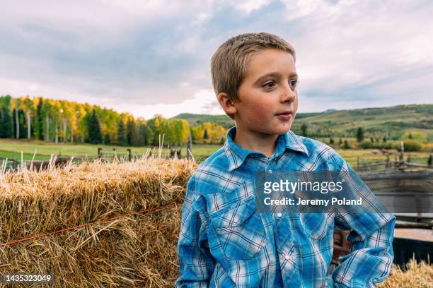 portrait of a cute stoic male caucasian rancher child looking off camera on a small town family-owned ranch in colorado, usa - mt wilson colorado stock pictures, royalty-free photos & images