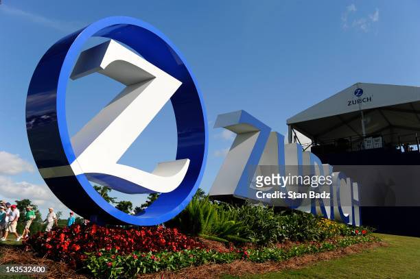 Zurich logo is seen on the 17th hole during the third round of the Zurich Classic of New Orleans at TPC Louisiana on April 28, 2012 in New Orleans,...