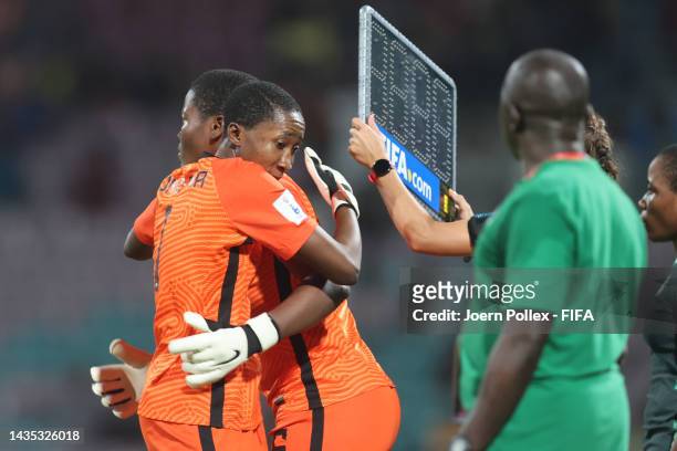 Linda Chikamso Jiwuaku of Nigeria replaces Faith Oriyomi Omilana of Nigeria during the FIFA U-17 Women's World Cup 2022 Quarter Final match between...